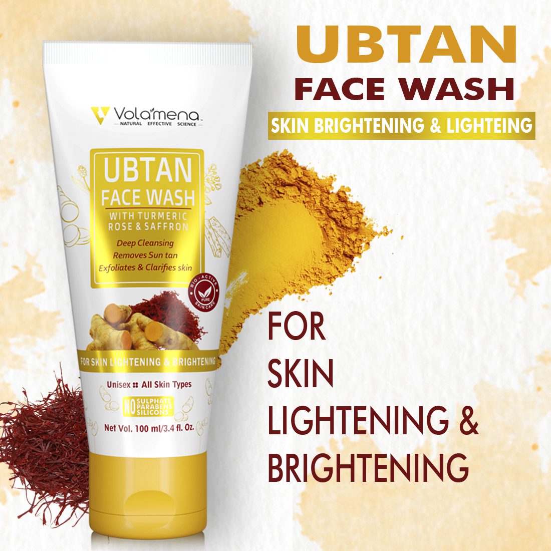 Volamena Ubtan Face Wash | With Turmeric & Saffron | For Radiance & Glowing Skin For Women & Men 100 ml