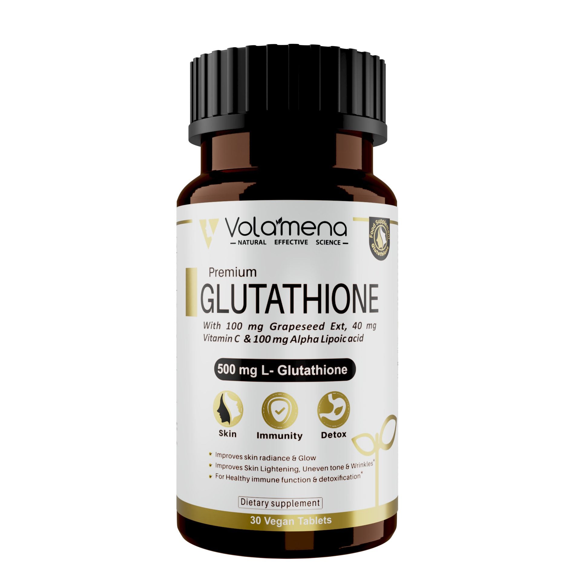 Volamena nutrition supplements Glutathione tablet for skin whitening, Glow with L-Glutathione 500mg 30 Tablets