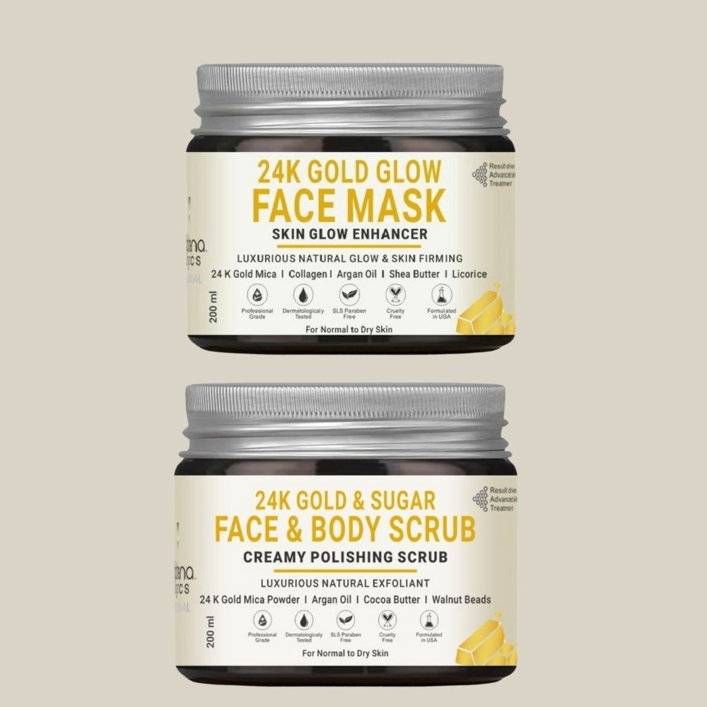 Volamena 24K Gold Glow Face Mask, 200 ml + 24K Gold Sugar Face & Body Scrub, 200 ml Combo Pack