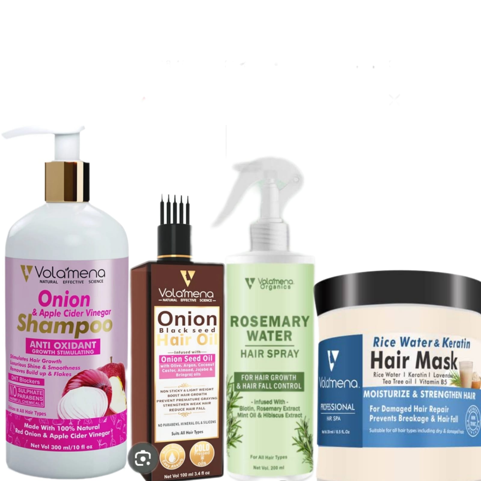 Volamena Onion & Keratin Hair Care Combo (Pack Of 4) Onion & Apple Cider Shampoo, 300 ml + Onion Blackseed Hair Oil, 100 ml + Rosemary Water Spray 200 ml + Rice Water & Keratin Hair Mask, 250 ml