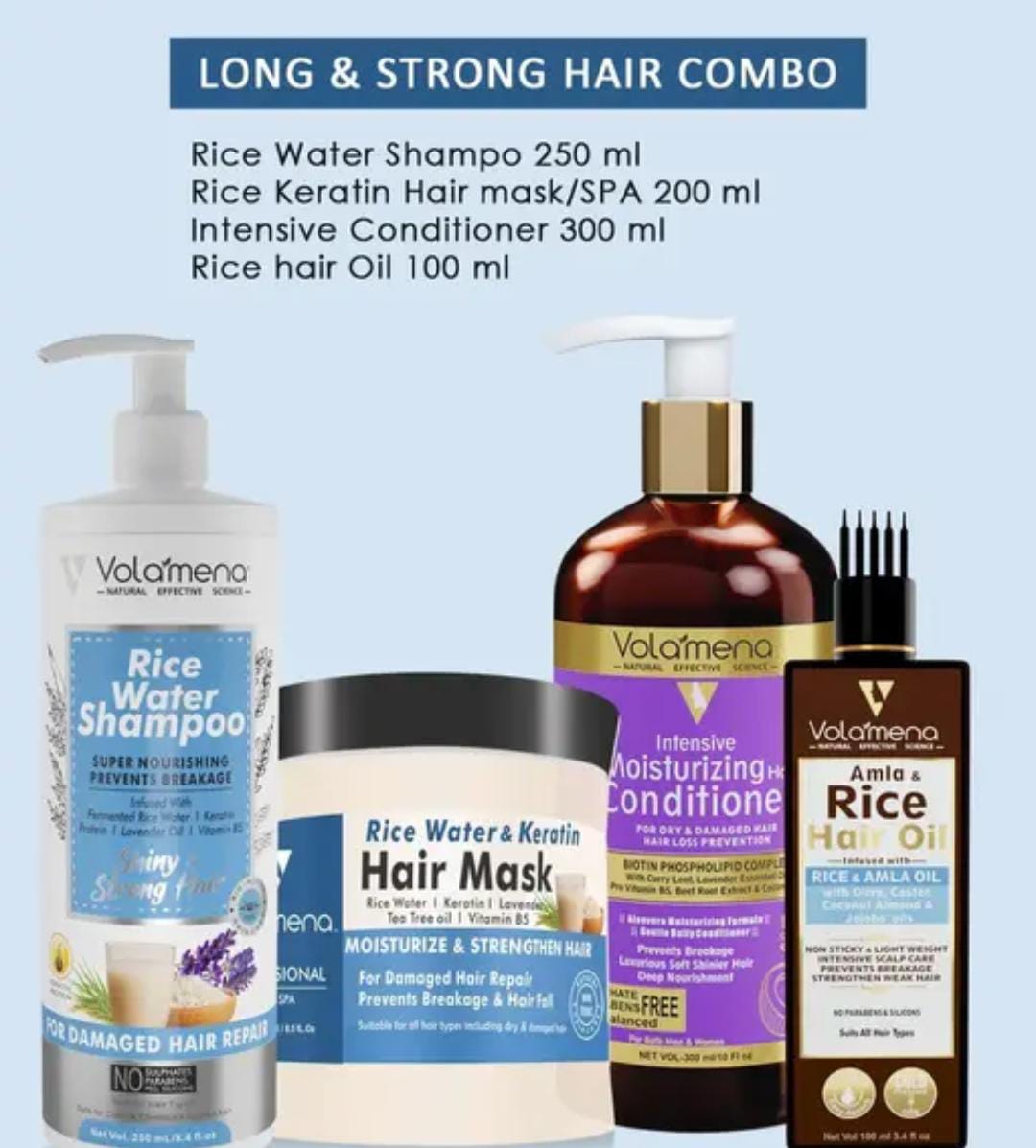 Volamena Rice Water & Biotin Hair Care Combo (Pack Of 4) Rice Water Shampoo, 250 ml + Amla & Rice Hair Oil, 100 ml + Rice Water Hair Mask, 250 ml + Intensive Moisturizing Conditioner, 300 ml