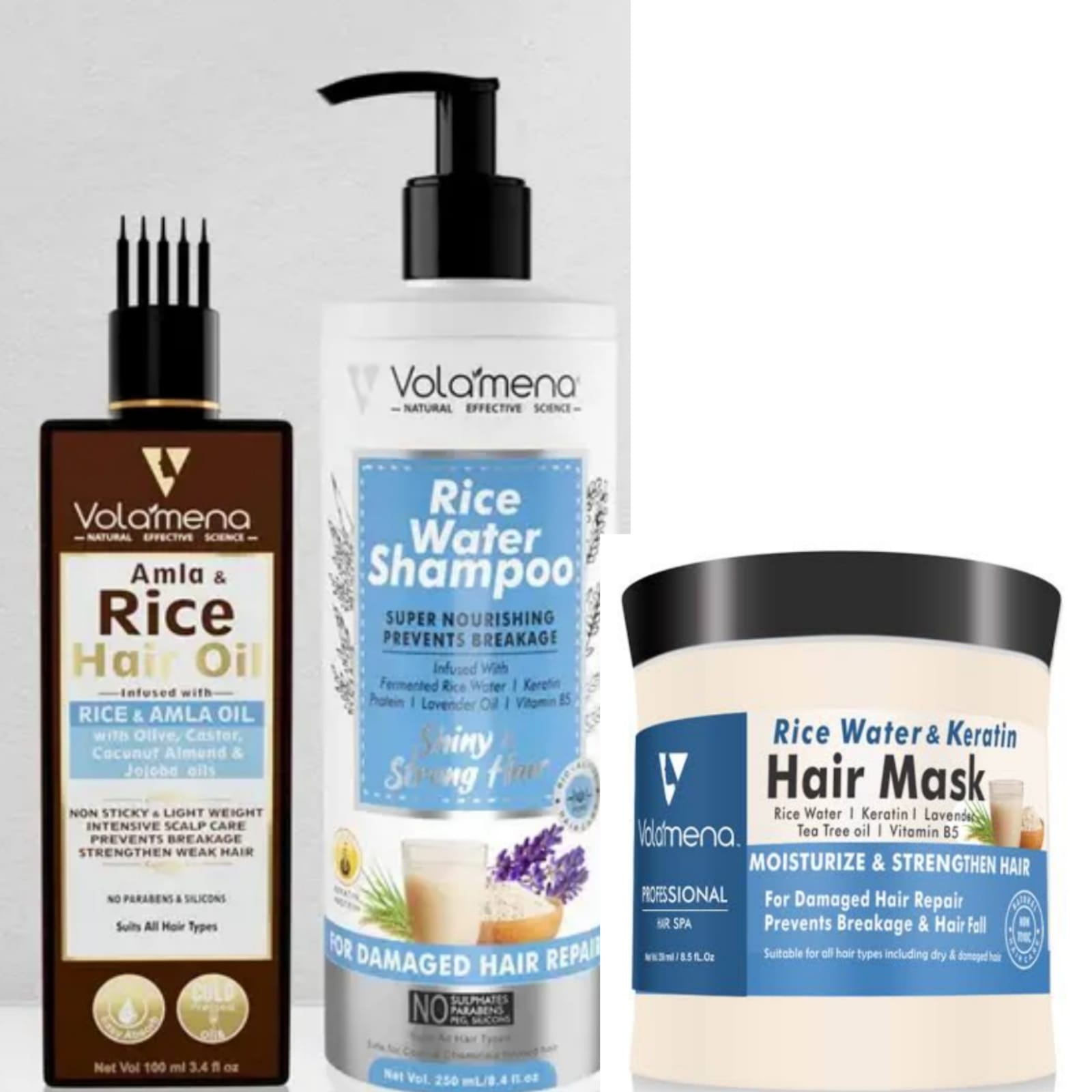 Volamena Rice Water Hair Care Combo (Pack Of 3) Rice Water Shampoo, 250 ml + Amla & Rice Hair Oil, 100 ml + Rice Water Hair Mask, 250 ml