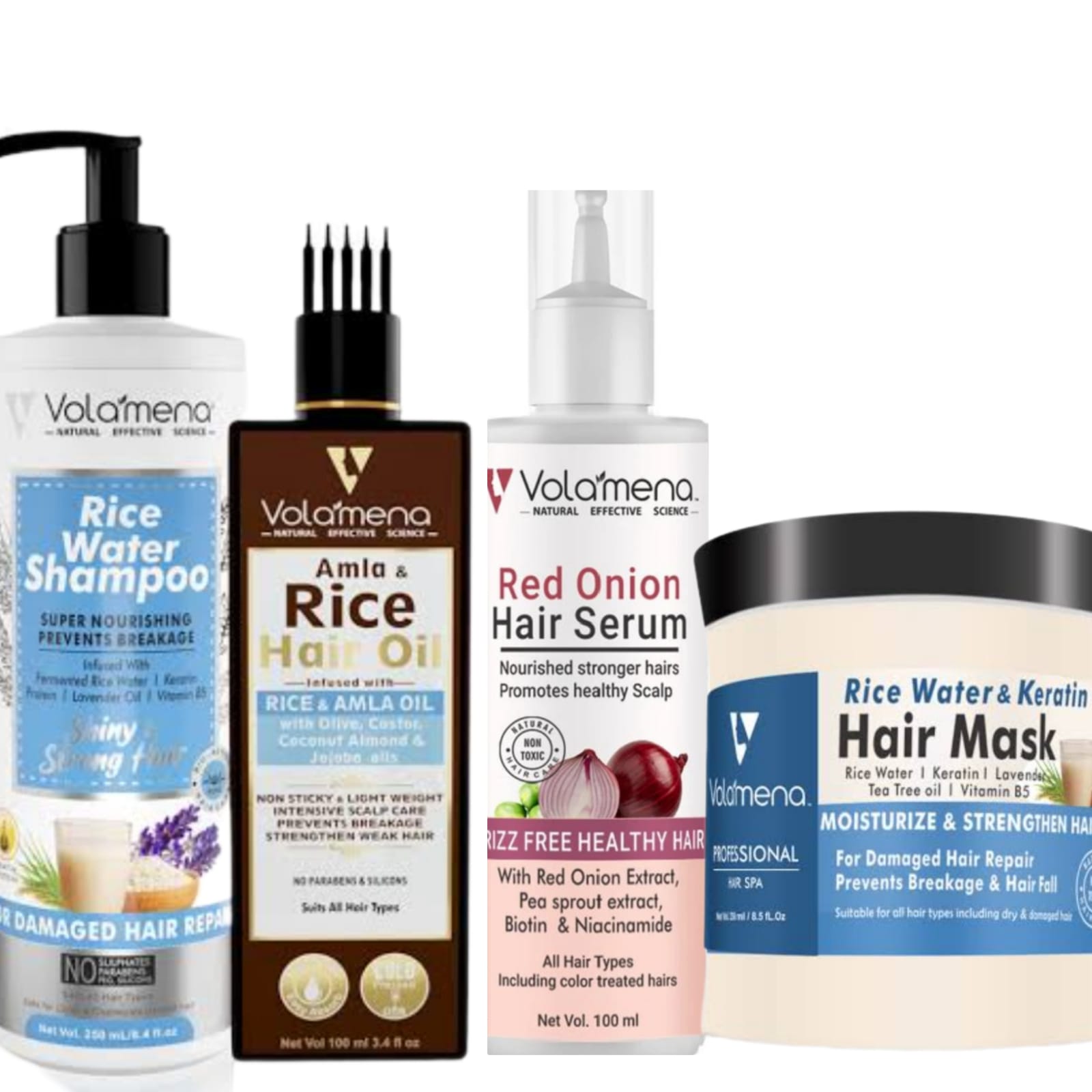 Volamena Rice Water & Red Onion Hair Care Combo (Pack Of 4) Rice Water Shampoo, 250 ml + Amla & Rice Hair Oil, 100 ml + Red Onion Hair Serum, 100 ml + Rice Water Hair Mask, 250 ml