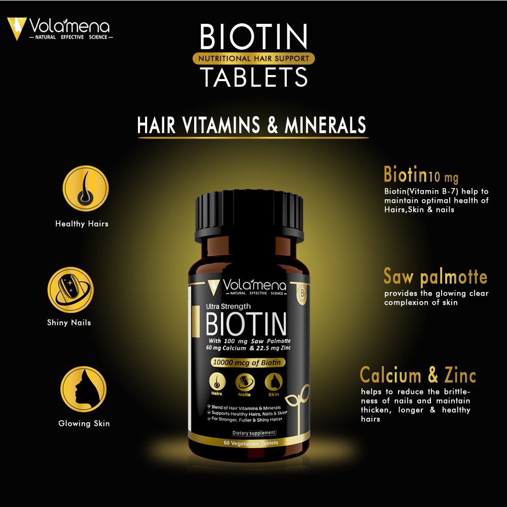 Volamena Nutrition Supplements Biotin Tablets | Biotin For hair Growth, Skin Health & Nails With Biotin 10000 mcg 60 Veg. Capsules