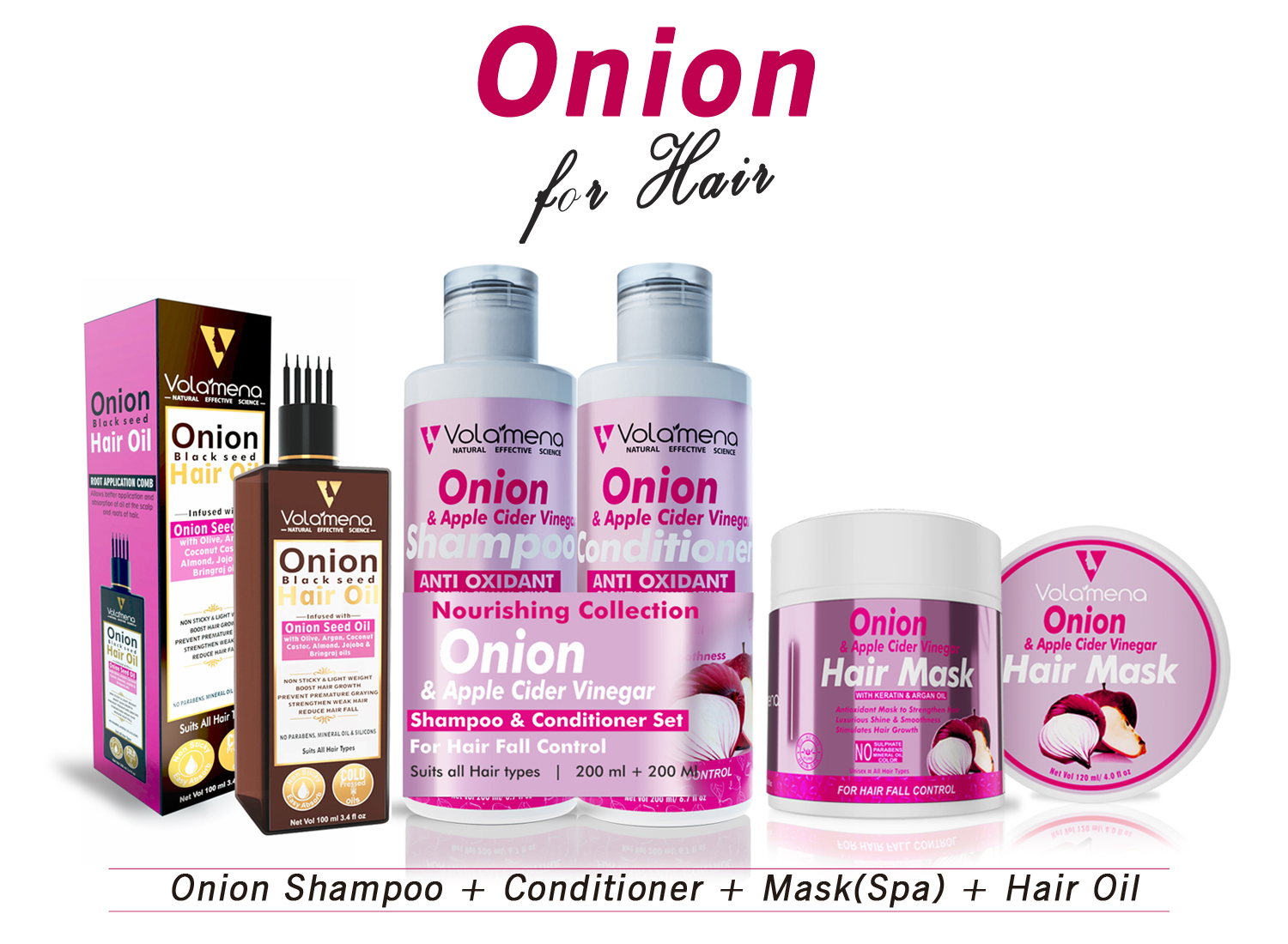 Volamena Onion Shampoo, Conditioner, hair Mask & Hair Oil pack of 4