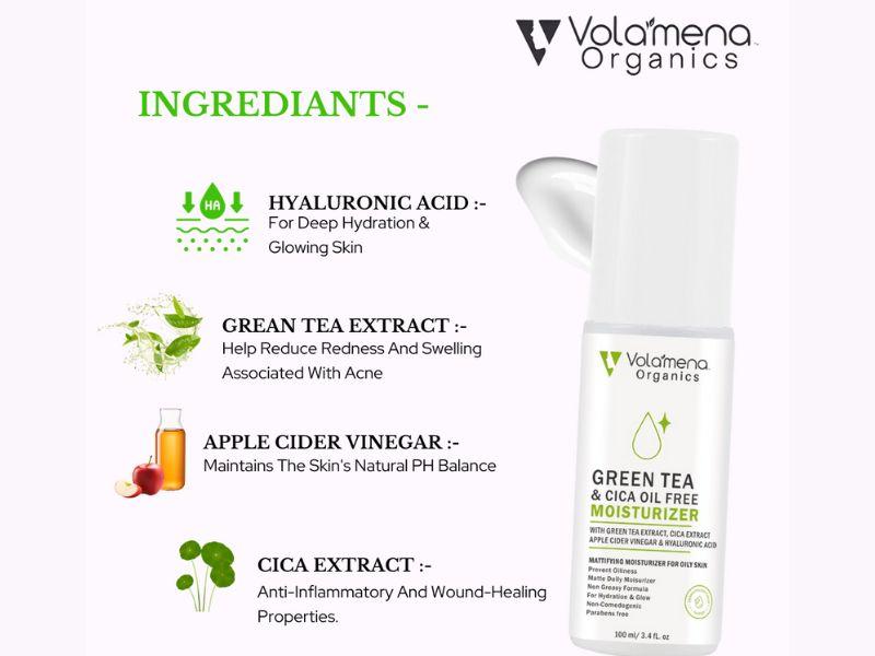 Volamena Organics Green tea & Cica Oil Free Moisturizer With Green Tea & cica Extract For Hydration & Glow, 100ml