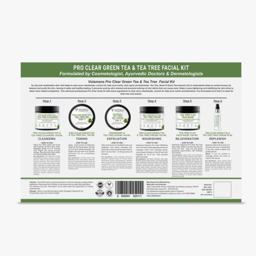 Volamena Pro Clear Green Tea & Tea Tree 6-Steps Facial Kit For Women & Men With Neem & Cucumber For Acne & Acne Marks