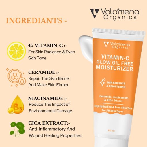 Volamena Organics Vitamin-C Glow Oil free Moisturizer For Deep Hydration & Even Skin Tone, 50ml