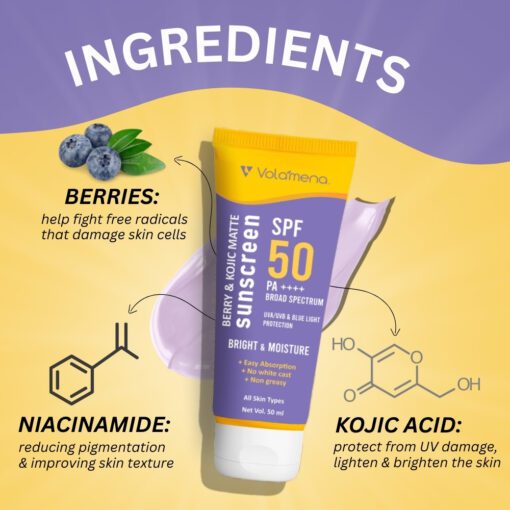 Volamena Berry & kojic Acid Purple Sunscreen SPF 50 PA+++ For Pigmentation-Free Skin UVA/B & Blue Light Protection, Anti-Pollution, No White Cast 50 ml