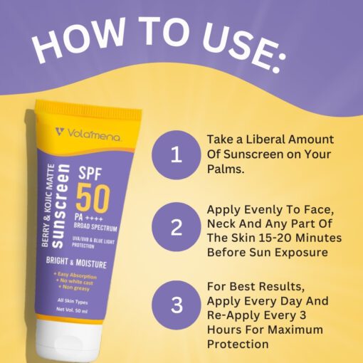 Volamena Berry & kojic Acid Purple Sunscreen SPF 50 PA+++ For Pigmentation-Free Skin UVA/B & Blue Light Protection, Anti-Pollution, No White Cast 50 ml