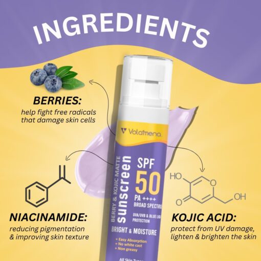 Volamena Berry & Kojic Acid Purple Sunscreen SPF 50 PA+++ For Pigmentation-Free Skin UVA/B & Blue Light Protection, Anti-Pollution, No White Cast 100 ml