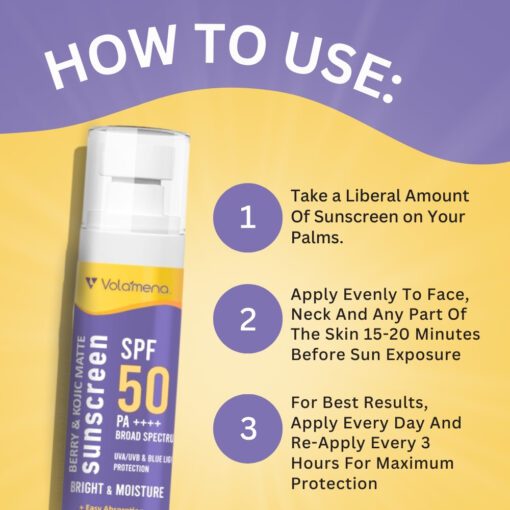 Volamena Berry & Kojic Acid Purple Sunscreen SPF 50 PA+++ For Pigmentation-Free Skin UVA/B & Blue Light Protection, Anti-Pollution, No White Cast 100 ml