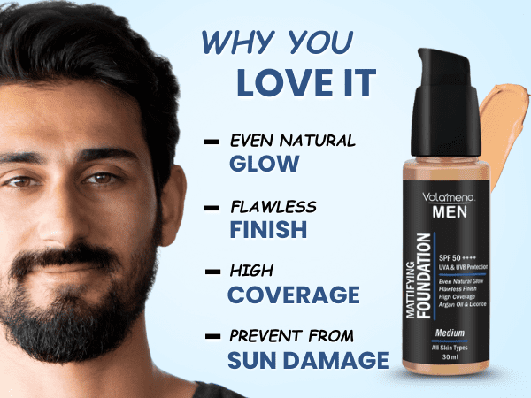 Volamena For Men Mattifying Foundation With SPF 50++++ Medium Shade, | With Hyaluronic Acid & Argan Oil | For Even Natural Glow, Flawless Finish | With Dual Action Moisturizer + Sunscreen | 30ml