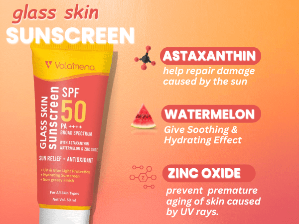 Volamena Glass Skin Sunscreen Spf 50pa++++ With Astaxanthin & Watermelon | Protect From UV Rays & Bluelight | Deeply Hydrate Your Skin | For Both Men & Women | Light Weight & Non Greasy | 50ml