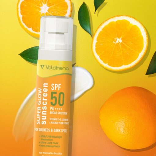 Volamena Super Glow Sunscreen with SPF 50 PA+++ With Vitamin C For Bright & Glowing Skin UVA/B Bluelight Protection No White Cast For Normal to dry skin, 100 ml