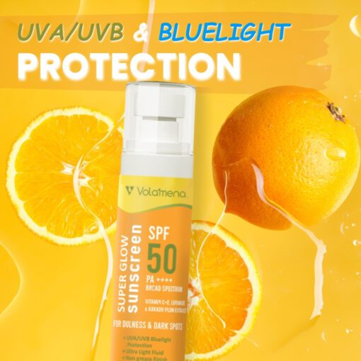Volamena Super Glow Sunscreen with SPF 50 PA+++ With Vitamin C For Bright & Glowing Skin UVA/B Bluelight Protection No White Cast For Normal to dry skin, 100 ml