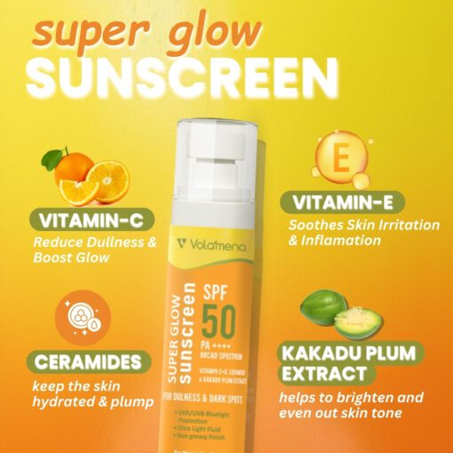 Volamena Super Glow Sunscreen with SPF 50 PA+++ With Vitamin C For Bright & Glowing Skin UVA/B Bluelight Protection No White Cast For Normal to dry skin, 100 ml