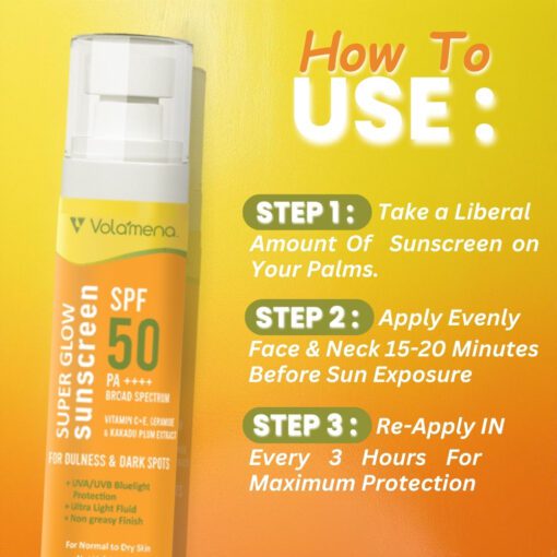 Volamena Super Glow Sunscreen with SPF 50 PA+++ With Vitamin C For Bright & Glowing Skin UVA/B Bluelight Protection No White Cast For Normal to dry skin, 100 ml