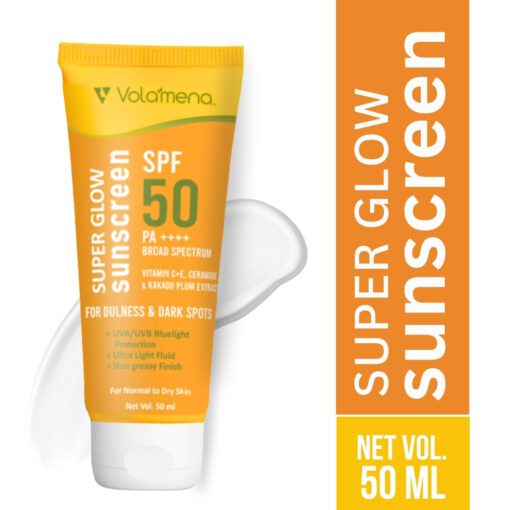 Volamena Super Glow Sunscreen with SPF 50 PA+++ With Vitamin C For Bright & Glowing Skin UVA/B Bluelight Protection No White Cast For Normal to dry skin, 50 ml