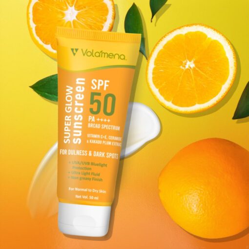 Volamena Super Glow Sunscreen with SPF 50 PA+++ With Vitamin C For Bright & Glowing Skin UVA/B Bluelight Protection No White Cast For Normal to dry skin, 50 ml