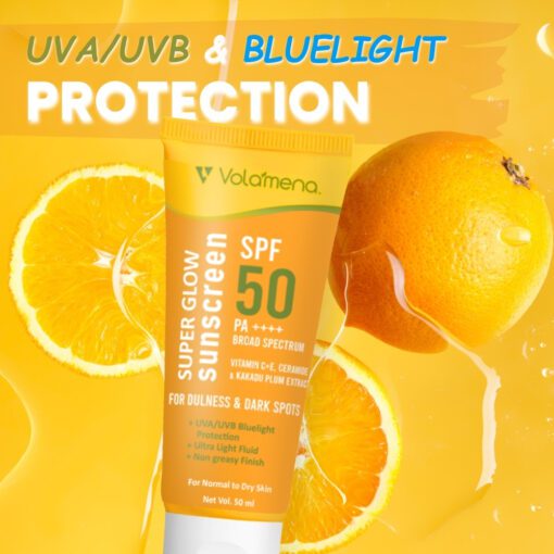 Volamena Super Glow Sunscreen with SPF 50 PA+++ With Vitamin C For Bright & Glowing Skin UVA/B Bluelight Protection No White Cast For Normal to dry skin, 50 ml