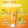 Volamena Super Glow Sunscreen with SPF 50 PA+++ With Vitamin C For Bright & Glowing Skin UVA/B Bluelight Protection No White Cast For Normal to dry skin, 50 ml