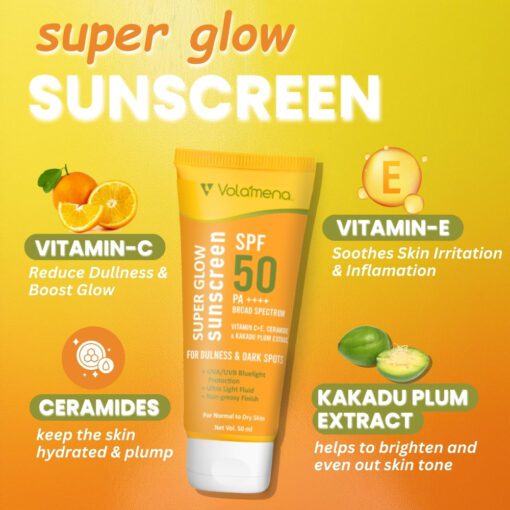 Volamena Super Glow Sunscreen with SPF 50 PA+++ With Vitamin C For Bright & Glowing Skin UVA/B Bluelight Protection No White Cast For Normal to dry skin, 50 ml