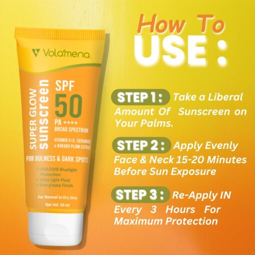 Volamena Super Glow Sunscreen with SPF 50 PA+++ With Vitamin C For Bright & Glowing Skin UVA/B Bluelight Protection No White Cast For Normal to dry skin, 50 ml