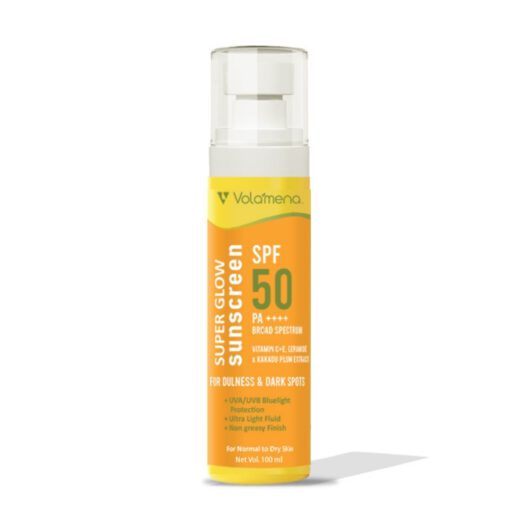 Volamena Super Glow Sunscreen with SPF 50 PA+++ With Vitamin C For Bright & Glowing Skin UVA/B Bluelight Protection No White Cast For Normal to dry skin, 100 ml