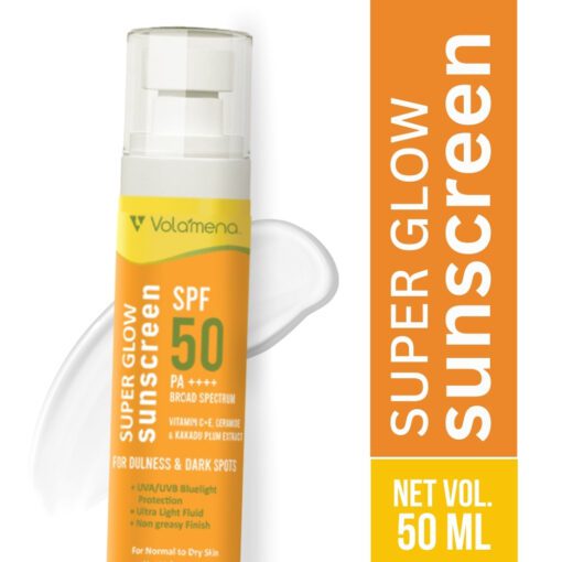 Volamena Super Glow Sunscreen with SPF 50 PA+++ With Vitamin C For Bright & Glowing Skin UVA/B Bluelight Protection No White Cast For Normal to dry skin, 100 ml