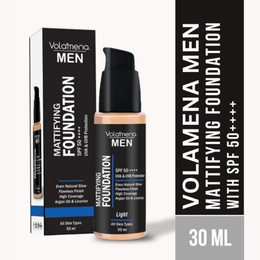 Volamena For Men Mattifying Foundation With SPF 50++++ Light Shade, | With Hyaluronic Acid & Argan Oil | For Even Natural Glow, Flawless Finish | With Dual Action Moisturizer + Sunscreen | 30ml