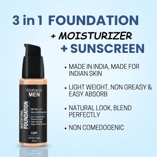 Volamena For Men Mattifying Foundation With SPF 50++++ Light Shade, | With Hyaluronic Acid & Argan Oil | For Even Natural Glow, Flawless Finish | With Dual Action Moisturizer + Sunscreen | 30ml