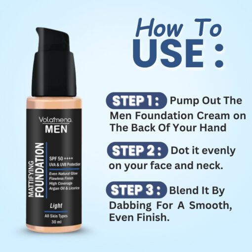 Volamena For Men Mattifying Foundation With SPF 50++++ Light Shade, | With Hyaluronic Acid & Argan Oil | For Even Natural Glow, Flawless Finish | With Dual Action Moisturizer + Sunscreen | 30ml