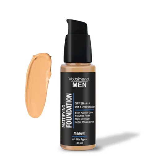 Volamena For Men Mattifying Foundation With SPF 50++++ Medium Shade, | With Hyaluronic Acid & Argan Oil | For Even Natural Glow, Flawless Finish | With Dual Action Moisturizer + Sunscreen | 30ml