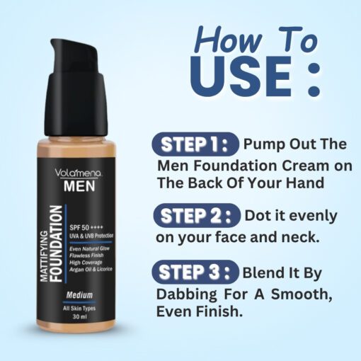 Volamena For Men Mattifying Foundation With SPF 50++++ Medium Shade, | With Hyaluronic Acid & Argan Oil | For Even Natural Glow, Flawless Finish | With Dual Action Moisturizer + Sunscreen | 30ml