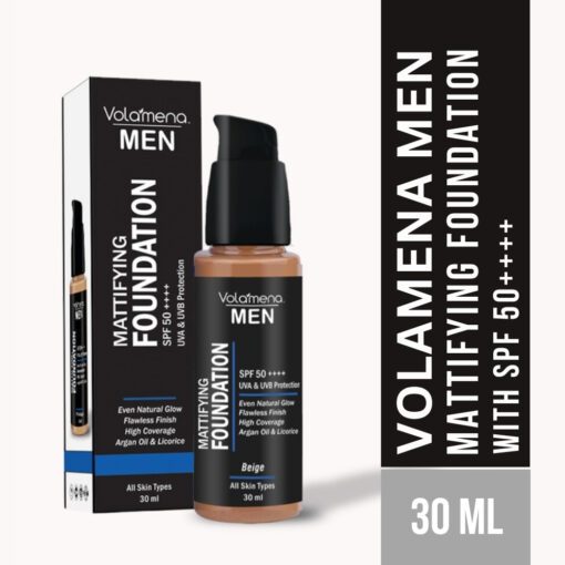 Volamena For Men Mattifying Foundation With SPF 50++++ Beige Shade, | With Hyaluronic Acid & Argan Oil | For Even Natural Glow, Flawless Finish | With Dual Action Moisturizer + Sunscreen | 30ml