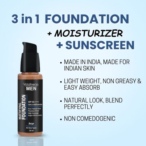 Volamena For Men Mattifying Foundation With SPF 50++++ Beige Shade, | With Hyaluronic Acid & Argan Oil | For Even Natural Glow, Flawless Finish | With Dual Action Moisturizer + Sunscreen | 30ml