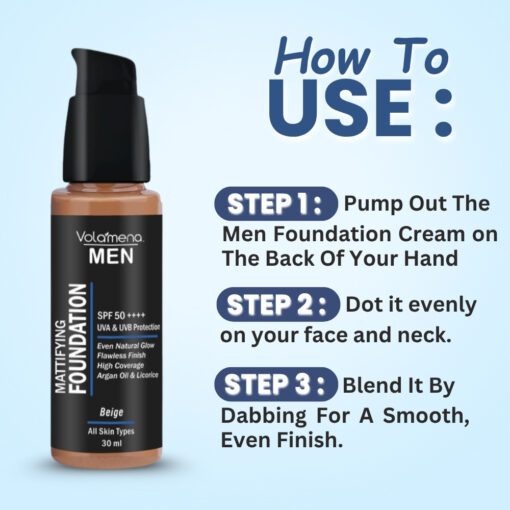 Volamena For Men Mattifying Foundation With SPF 50++++ Beige Shade, | With Hyaluronic Acid & Argan Oil | For Even Natural Glow, Flawless Finish | With Dual Action Moisturizer + Sunscreen | 30ml
