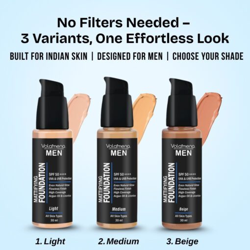 Volamena For Men Mattifying Foundation With SPF 50++++ Beige Shade, | With Hyaluronic Acid & Argan Oil | For Even Natural Glow, Flawless Finish | With Dual Action Moisturizer + Sunscreen | 30ml