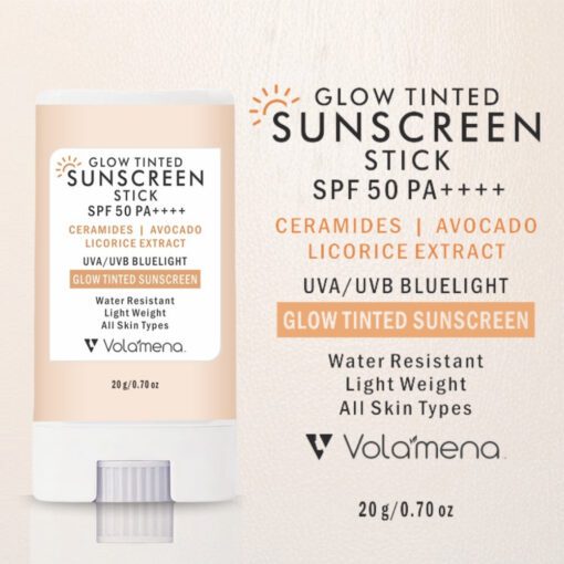 Volamena Glow Tinted Sunscreen Stick SPF 50 Pa++++ | Protection Against UVA/UVB | Ceramide, Avocado Oil & Licorice Extract Broad Spectrum, Water & Sweat resistant | For All Skin Types | 20g
