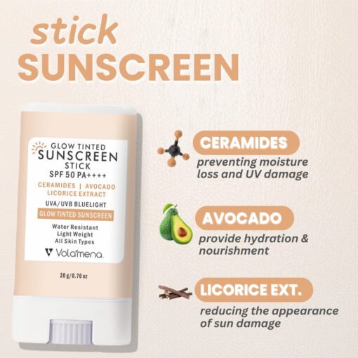 Volamena Glow Tinted Sunscreen Stick SPF 50 Pa++++ | Protection Against UVA/UVB | Ceramide, Avocado Oil & Licorice Extract Broad Spectrum, Water & Sweat resistant | For All Skin Types | 20g