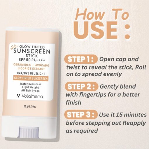 Volamena Glow Tinted Sunscreen Stick SPF 50 Pa++++ | Protection Against UVA/UVB | Ceramide, Avocado Oil & Licorice Extract Broad Spectrum, Water & Sweat resistant | For All Skin Types | 20g