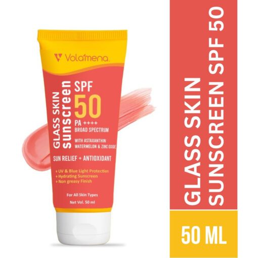 Volamena Glass Skin Sunscreen Spf 50pa++++ With Astaxanthin & Watermelon | Protect From UV Rays & Bluelight | Deeply Hydrate Your Skin | For Both Men & Women | Light Weight & Non Greasy | 50ml