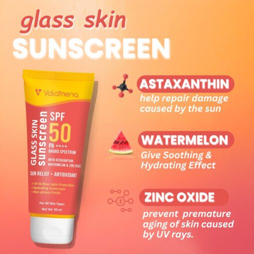 Volamena Glass Skin Sunscreen Spf 50pa++++ With Astaxanthin & Watermelon | Protect From UV Rays & Bluelight | Deeply Hydrate Your Skin | For Both Men & Women | Light Weight & Non Greasy | 50ml