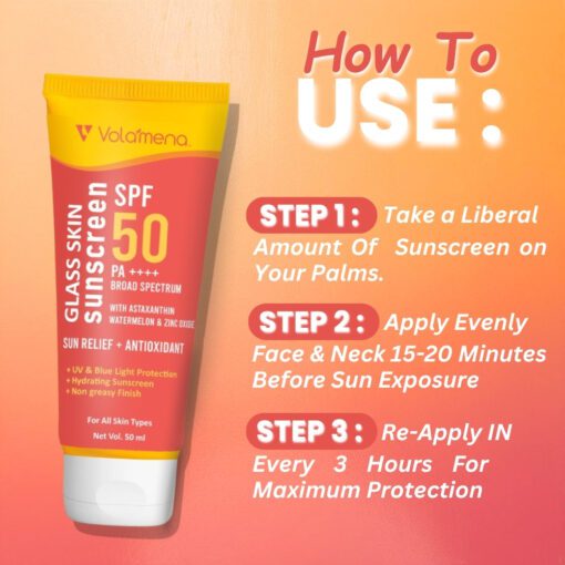 Volamena Glass Skin Sunscreen Spf 50pa++++ With Astaxanthin & Watermelon | Protect From UV Rays & Bluelight | Deeply Hydrate Your Skin | For Both Men & Women | Light Weight & Non Greasy | 50ml