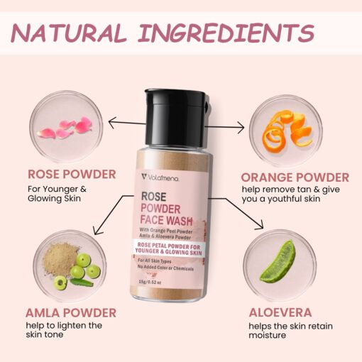 Volamena Rose Powder Face Wash, 15g , Anti Ageing Powder Face Wash for Hydration, Reduce Wrinkles & Provides Supple Look, Natural Powder Face Wash For Women & Men