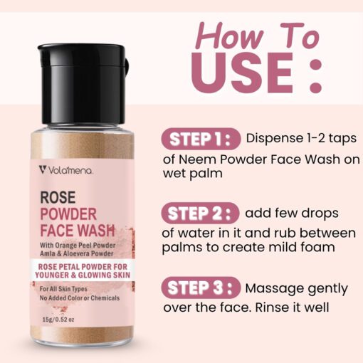 Volamena Rose Powder Face Wash, 15g , Anti Ageing Powder Face Wash for Hydration, Reduce Wrinkles & Provides Supple Look, Natural Powder Face Wash For Women & Men