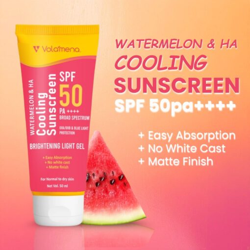 Volamena Watermelon Cooling Sunscreen Spf 50pa++++ With Watermelon Gives You Cooling & Hydration Effect | Protect From Harmful UV Rays | For Both Men & Women | Light Weight & Non Greasy | 50ml