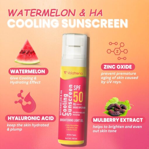 Volamena Watermelon Cooling Sunscreen Spf 50pa++++ With Watermelon Gives You Cooling & Hydration Effect | Protect From Harmful UV Rays | For Both Men & Women | Light Weight & Non Greasy | 100ml