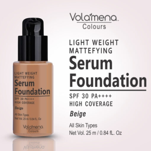 Volamena Light Weight Mattefying Serum Foundation With SPF 30PA++++, Beige, | With Hyaluronic Acid & Alpha Arbutin | High Coverage For Even Natural Glow | Flawless Finish | 25ml